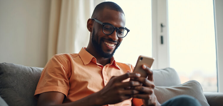 Black man uses smartphone while relaxing on sofa at home. Happy male in eyeglasses smiles while browsing mobile device. Modern tech, online communication.