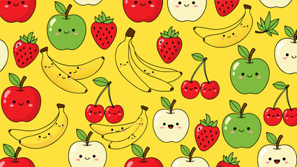Adorable seamless pattern of cute kawaii fruits with smiling faces, featuring apples, bananas, strawberries, and cherries on a bright yellow background cc