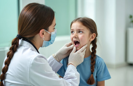 Female doctor checks little girl with sore throat in clinic. Kid opens mouth wide, doctor wears mask and gloves. Medical exam for illness diagnosis and treatment.