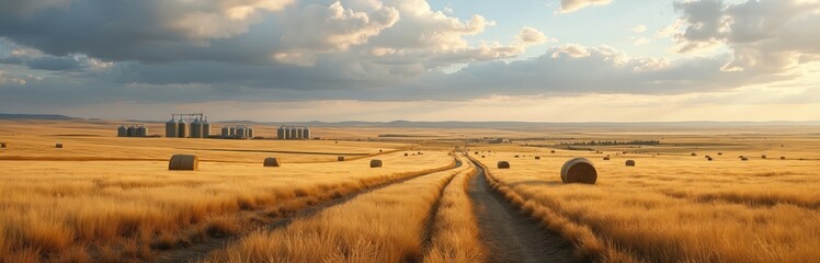 Fototapeta premium Golden wheat field with hay bales and grain silos under a cloudy sky. A dirt road winds through the vast Canadian prairie landscape, offering a rural scenic view.
