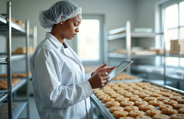 Food factory worker in uniform uses tablet for quality check of fresh baked cookies. Employee monitors production process on digital device in manufacturing plant. Pro checks food items on tray.