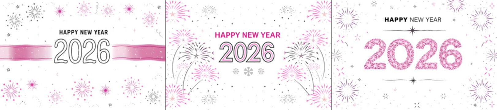 Three happy new year designs for the year two thousand and twenty six with fireworks and stars