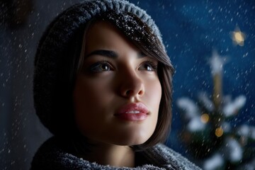 Person looking at falling snow. Illustration of hope and wonder.