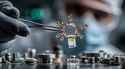 Scientist holding advanced nanotechnology virus model with tweezers in high tech laboratory for biotechnology research - Powered by Adobe