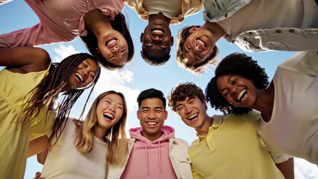 Diverse group of happy young friends looking down and laughing together under a blue sky