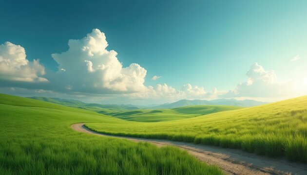 Green rolling hills under bright blue sky with fluffy white clouds. Dirt path winds through, vibrant green fields of cut grass, leading towards distant mountains. Sun shines brightly, creating