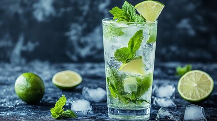 Fototapeta premium Refreshing mojito cocktail recipe with lime and mint for summer parties and drinks photography