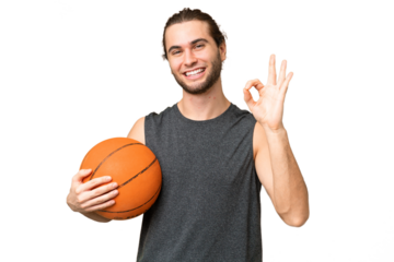 Young basketball player man over isolated background showing ok sign with fingers
