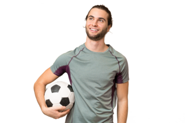 Young handsome football player man over isolated background thinking an idea while looking up