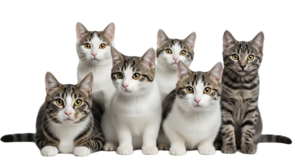 A group of six tabby cats with white chests sitting together looking at the camera on black background