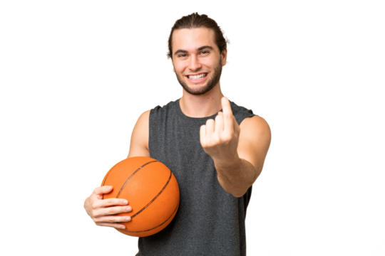 Young basketball player man over isolated background doing coming gesture