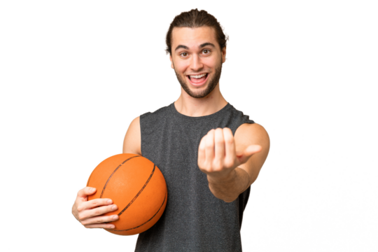 Young basketball player man over isolated background inviting to come with hand. Happy that you came
