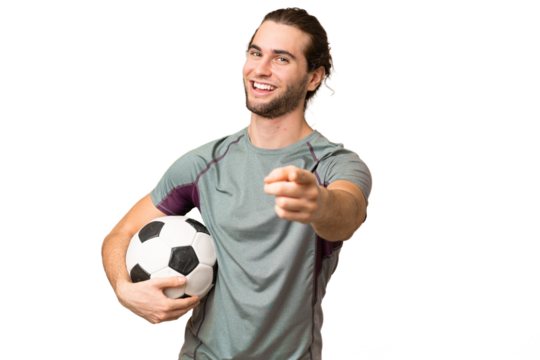Young handsome football player man over isolated background pointing front with happy expression