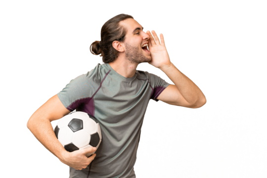 Young handsome football player man over isolated background shouting with mouth wide open to the side - Powered by Adobe