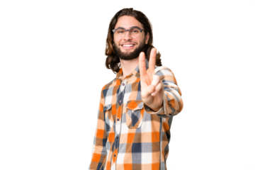 Young handsome man over isolated chroma key background smiling and showing victory sign