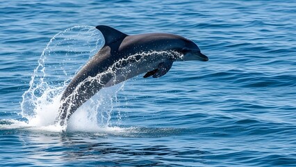 Fototapeta premium A dolphin leaping gracefully out of the ocean surface, creating splashes against a blue seascape.