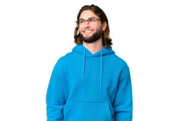 Young handsome man over isolated chroma key background thinking an idea while looking up