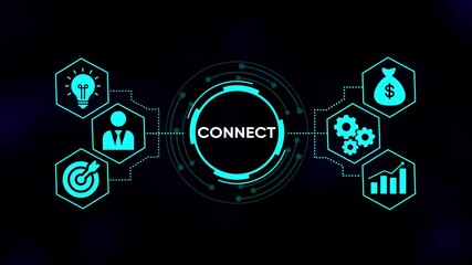 Digital network connection concept with glowing neon icons representing business growth idea generation team collaboration financial success and target achievement on a dark futuristic background - Powered by Adobe