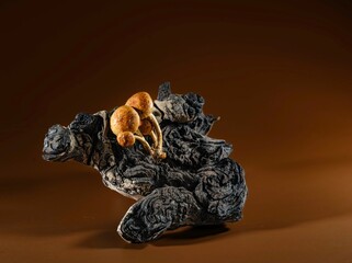 Mushrooms sprout elegantly from a piece of dark wood, showcasing their rich brown hues against a...