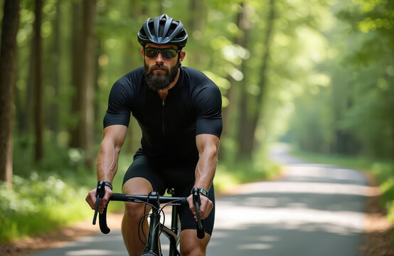 Bearded athlete rides bike in forest. Man in black sportswear and helmet cycling on road. Cyclist trains outside. Concept of healthy lifestyle and sport activity. Green trees background.