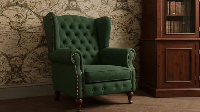 A sophisticated vintage-style green armchair placed next to a wooden bookcase against a detailed map wallpaper backdrop, evoking a warm, classic interior ambiance.