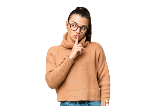 Young beauty woman over isolated chroma key background showing a sign of silence gesture putting finger in mouth