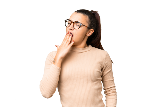 Young beauty woman over isolated chroma key background yawning and covering wide open mouth with hand - Powered by Adobe