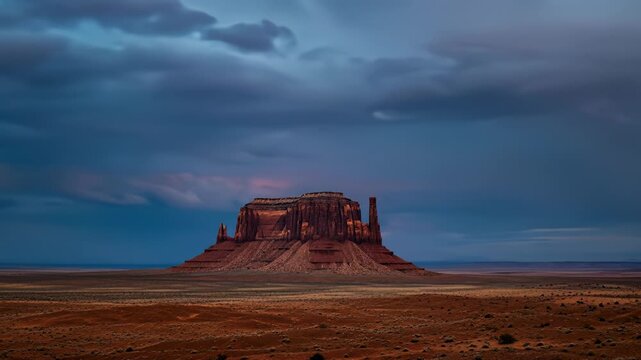 Red rock buttes stand under dramatic clouds in a vast desert landscape at sunset