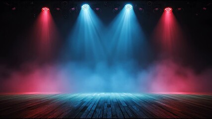 Vibrant stage lights shining down on a wooden floor with smoke effects creating a captivating theatrical backdrop for a performance setting