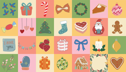 Fototapeta premium Cute Holiday Icons Collage Christmas Winter Celebration Elements Seamless Pattern Background Gift Candy Cane Santa Gingerbread House Wreath Cookie