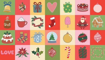 Festive Christmas Icons Collection Cute Holiday Illustrations Santa Gifts Ornaments Food Decorations Pattern Background For Winter Celebration