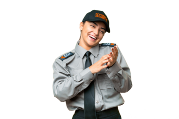 Young safeguard woman over isolated chroma key background applauding after presentation in a conference