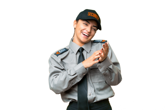 Young safeguard woman over isolated chroma key background applauding after presentation in a conference