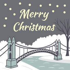 Merry christmas card featuring a bridge over a snowy river with a tree and snow falling from the night sky, creating a festive and whimsical scene