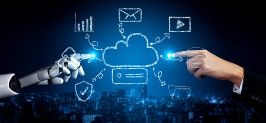 A hand drawn doodle of an AI cloud computing services ecosystem. A creative sketch of an AI network for data storage and applications. Motif