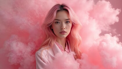 Young woman with long pink hair poses for fashion shoot. Wears pink clothes. Looks at camera in studio with creative pink smoke. Trendy girl models modern beauty style. Creative portrait for ads