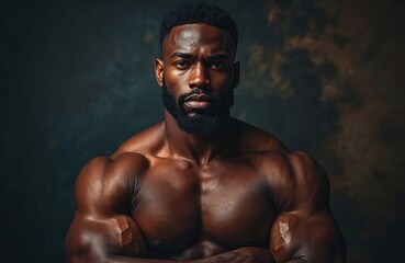 Fototapeta premium Black man muscular bodybuilder stands strong arms crossed indoors. Confident athlete shows muscle definition, serious face, studio shot with dark background. Fitness and sport portrait.