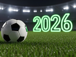 Obraz premium soccer ball on grass, A black and white soccer ball on a green grass field with brightly glowing green numbers 2026