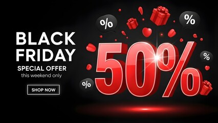 Black Friday special offer fifty percent discount promotional sale advertisement with gifts and hearts on a dark background isolated on white background