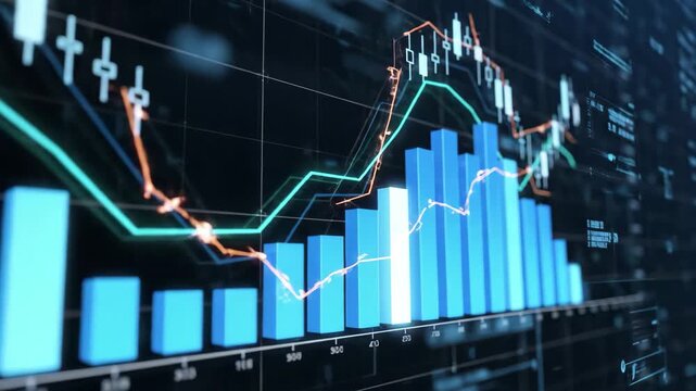 Financial data analysis with bar graphs, line charts, and candlestick patterns on a digital screen