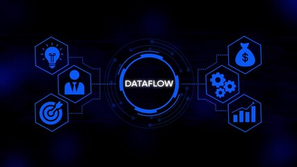 Dataflow concept with glowing central hub and connected hexagonal icons representing idea person target gears money bag and growth chart on dark digital background with subtle grid and light - Powered by Adobe