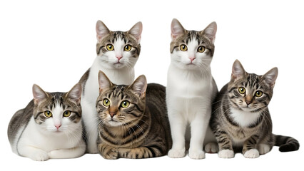A group of five cats sitting together looking at the camera with a black background behind them