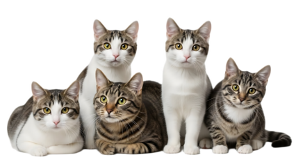 A group of five cats sitting together looking at the camera with a black background behind them