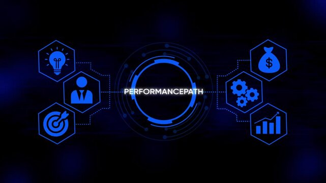 Business growth strategy concept with glowing digital interface showing performance path idea human target money gears and analytics chart on dark abstract background