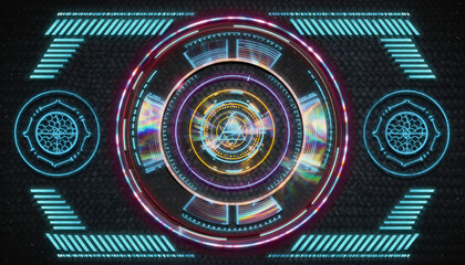 A futuristic cybersecurity interface with neon-lit concentric circles and geometric patterns on a dark background, representing UK digital security concepts.