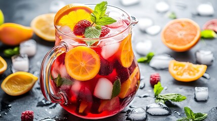 Refreshing summer sangria recipe with fresh fruit and ice cubes in a glass pitcher drink idea