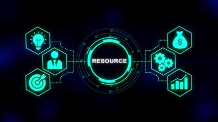 Futuristic digital infographic displaying resource management concepts idea generation human capital financial growth and operational efficiency with glowing neon icons on a dark abstract background - Powered by Adobe