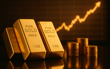 Three gold bars and coin stacks with a rising chart. Investment and finance stack of gold bars and coins. Fine gold bullion and coins with an upward trend.