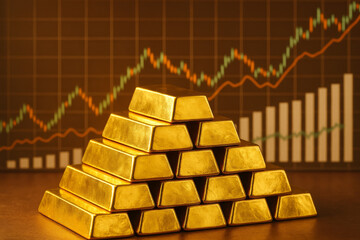 Stack of shining gold bars against a rising financial chart. Physical gold investment and stock market growth trend. Pyramid of precious metal ingots and bullish trade graphs.