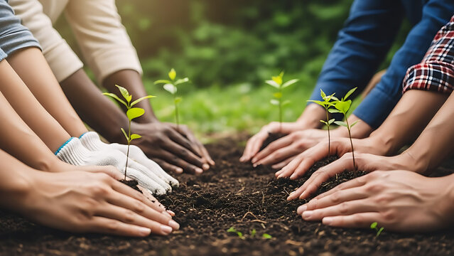 Diverse hands planting a small tree seedling in the earth